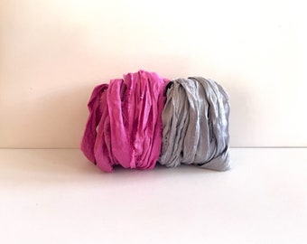 10 Yards Sari Silk Ribbon - Recycled Sari Silk Ribbon - Fuchsia & Gray, 5 Yards Each Color