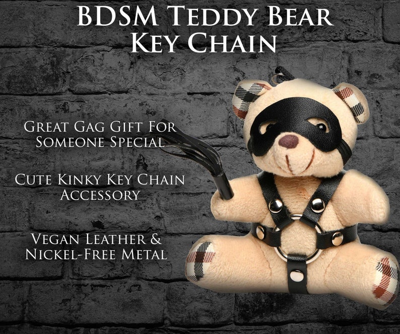 BDSM Kinky Teddy Bear Keychain Harness Flogger Blindfold Vegan Leather Party Favor Bachelor Bachelorette Gag Gift Adult Mature Bondage Bild 4