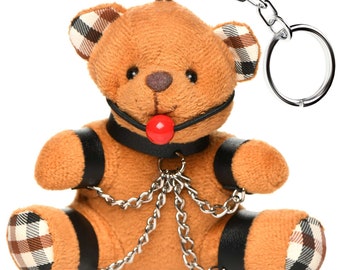 BDSM Kinky Teddy Bear Keychain Ball Gag Chains Cuffed Vegan Leather - Party Favor Bachelor Bachelorette Gag Gift Adult Mature Bondage