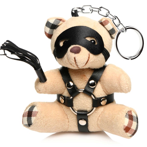 BDSM Kinky Teddy Bear Keychain Harness Flogger Blindfold Vegan Leather - Party Favor Bachelor Bachelorette Gag Gift Adult Mature Bondage