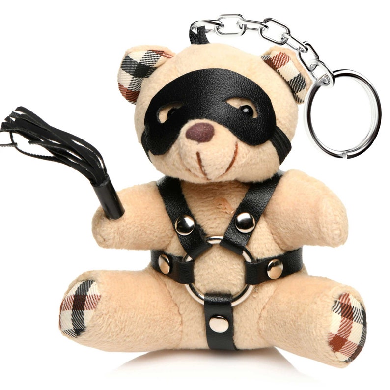 BDSM Kinky Teddy Bear Keychain Harness Flogger Blindfold Vegan Leather Party Favor Bachelor Bachelorette Gag Gift Adult Mature Bondage Bild 1