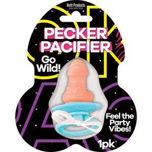 May include: A novelty pacifier with a peach-colored phallic design and a light blue base. The packaging is black with the text "PECKER PACIFIER" and "Go Wild!" in white and pink. The packaging also says "Feel the Party Vibes!"