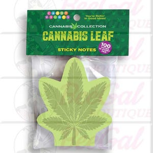May include: A package of Cannabis Leaf sticky notes. The notes are shaped like a cannabis leaf and are light green. The packaging is clear plastic with a green header that reads "Cannabis Collection" and "Sticky Notes".