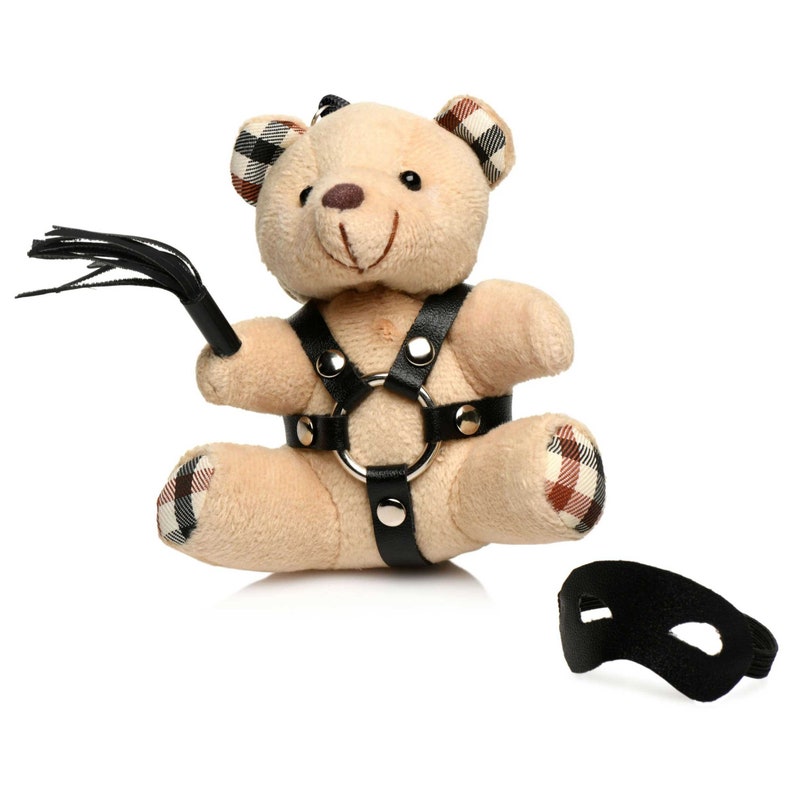 BDSM Kinky Teddy Bear Keychain Harness Flogger Blindfold Vegan Leather Party Favor Bachelor Bachelorette Gag Gift Adult Mature Bondage Bild 3