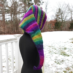 May include: A colorful, handmade crochet hat with a long, pointed tail. The hat features vibrant stripes of purple, green, yellow, and pink. The hat is displayed on a black mannequin, set against a snowy outdoor backdrop.
