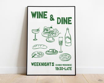 Retro Wine & Dine Hand Drawn Print, Kitchen Wall Decor (Digital Download)