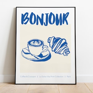 Printable Kitchen Wall Art, Coffee & Croissant Print, Bonjour Poster, Digital Download, Retro French Breakfast Print, Trendy Bar Cart Print