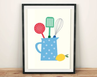 Kitchen Utensils Print, Colorful Whisk, Spatula Art (Digital Print)