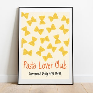 Pasta Illustration, Pasta Lover Club, Kitchen Pasta Print, Italian Food Poster, Pasta Wall Art, Pasta Artwork, Kitchen Wall Art, Minimal Art
