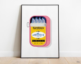 Retro Sardines Tin Print, Colorful Kitchen Wall Art (Digital Print)