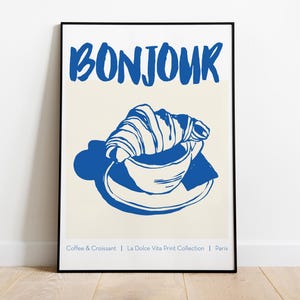 Printable Kitchen Wall Art, Coffee & Croissant Print, Bonjour Poster, Digital Download, Retro French Breakfast Print, Trendy Bar Cart Print