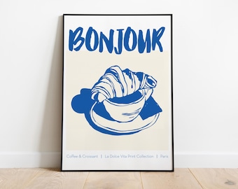 Coffee & Croissant Print, Bonjour Poster, Retro French Art (Digital Download)