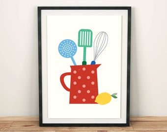 Whimsical Kitchen Utensils Art Print, Minimalist Kitchen Decor (Digital Print)