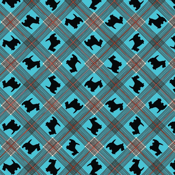 Digital Paper - Black Scottie Dog on Tartan Plaid With Turquoise Background - Hand Drawn - Instant Download