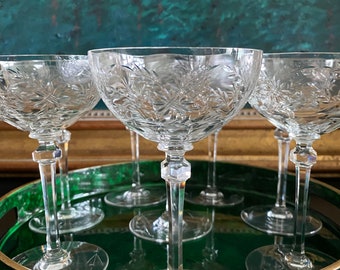 Set of Four Crystal Wine Glass Smaller Cut Bowl Faceted Stem Square Base TYCAALAK