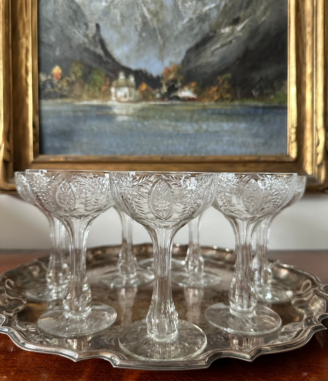 9 Hollow Stem Champagne Glasses No. 228 Very Fine Crystal Unique Cut to Bowl Beautiful