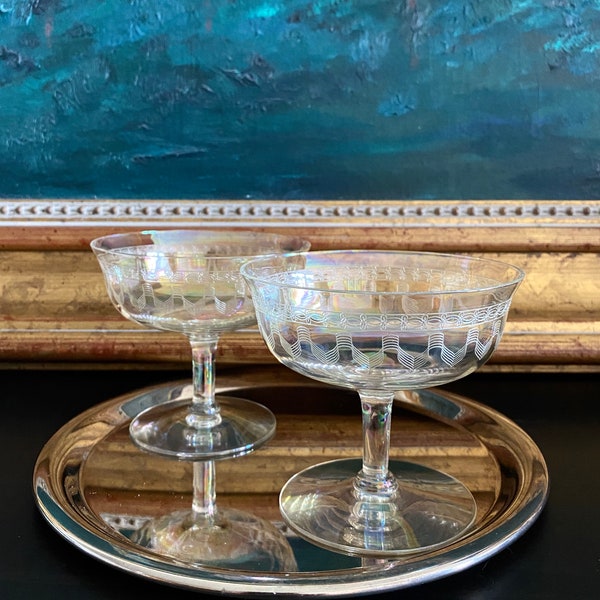 2 ART DECO Needle Etched Low Champagne Coupes • IRIDESCENT Optic Rainbow Champagne Sherbets • Heavenly