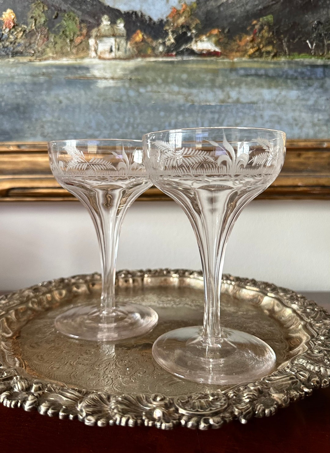 2 Etched Hollow Stem Champagne Glasses Panel Cut Stem With