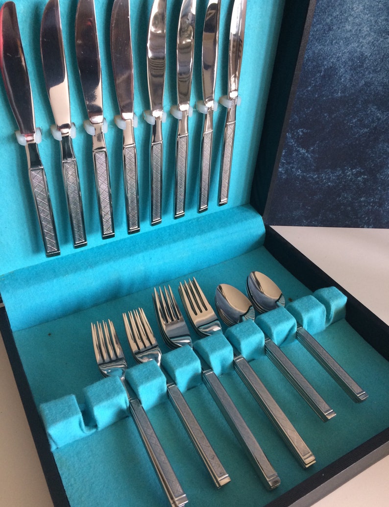 Vintage Plaid Stainless Flatware ESTIA Diamond Mid Century Stainless Flatware Set \u2022Service for 8\u2022 32 Piece Near Mint