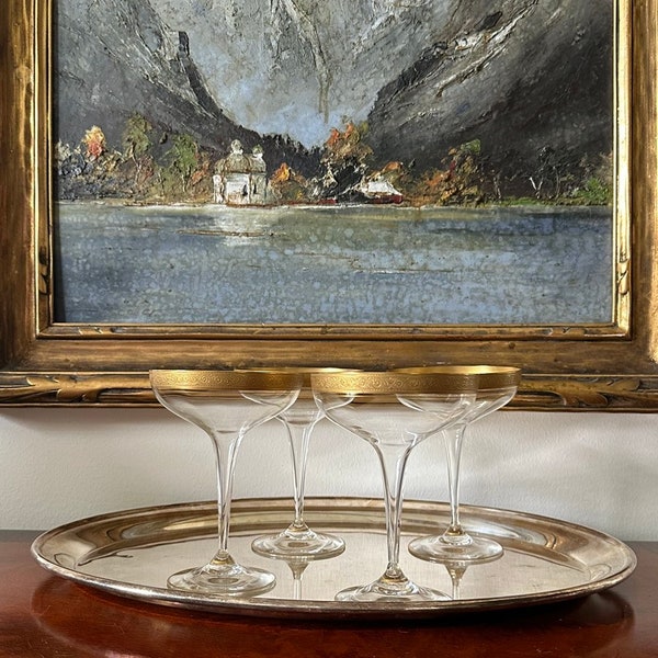 Set van 4 Zeldzame Art Deco Goud Ingelegde HOLLE STEM Champagneglazen Coupes •Dunne Brede Schotel •Potlood Dunne Steel • Set nr. 243 • Luxe