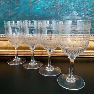 Set of 4 Etched Goblets • Greek Key and Anthemion Pattern • Early 20th Century • SUPERB