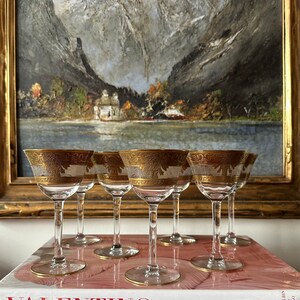 7 NICK and NORA Glasses • Art Nouveau • Art Deco • 4 oz • Opulent GOLD Encrusted Rim and Etched • Rare and Absolutely Superb