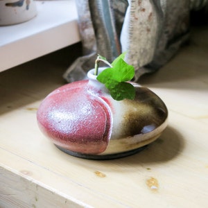 Może przedstawiać: Mały, okrągły, czerwono-brązowy wazon ceramiczny z pojedynczym zielonym liściem wystającym z góry.