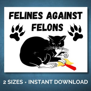 May include: A black and white cat with a white patch on its chest is holding a red and yellow toy. The cat is sitting on a white background with the text "FELINES AGAINST FELONS" and two black paw prints.