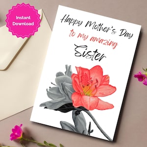 Cartão de Dia das Mães para imprimir para irmã, presente para irmã para imprimir, cartão floral para Dia das Mães, cartão botânico para amante de plantas, download instantâneo