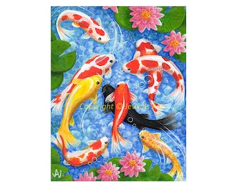 Feng Shui Art 'Wealth and Blessings' 9 Koi Fish Giclee Print from my Original Painting, Spiritual Art, Healing Art, Art & Collectibles