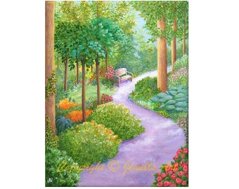 Feng Shui Art 'The Lilac Path, Rest Awhile' Print from my Original Acrylic Painting, Fine Art, Woodland Painting, Landscape, Countryside