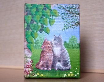 Cat Painting, Purrfect Pair Deep Edge Box Canvas, 2 Cats Sitting Together in a woodland scene, Original Acrylic Painting, Miniature Artwork