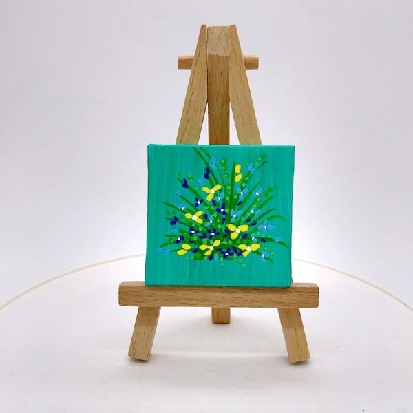 Tiny Yellow and Turquoise Flower Acrylic Painting on Canvas, Original Floral Miniature Painting, Small Canvas Art