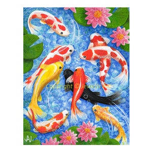 Impression Giclée Feng Shui « Richesse et bénédictions » 9 poissons Koi de ma peinture originale : Art Feng Shui spirituel et curatif