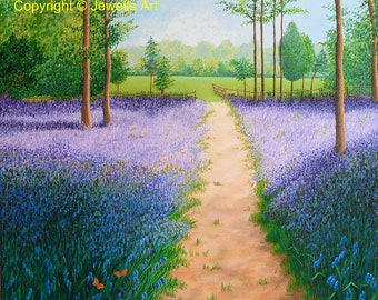 Bluebells With Butterflies Fine Art Print, from my original painting: Floral Landscape  Giclée Print