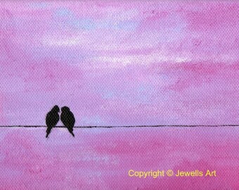 Pink Silhouette Birds Too, Original Acrylic Painting on Canvas, Birds on a Wire, Romantic Art, Art & Collectibles