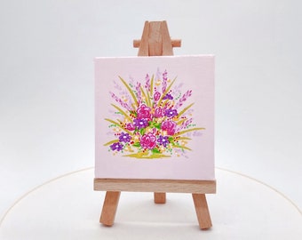Miniatura de pintura acrílica floral, obra original de arte de rosas rosas sobre lienzo