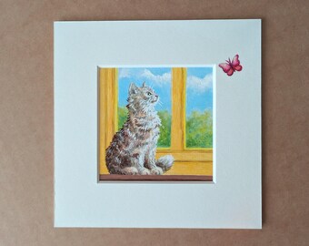 Miniature Cat and Butterfly Painting, 5&quot;x 5&quot; Original Mounted Tiny Artwork