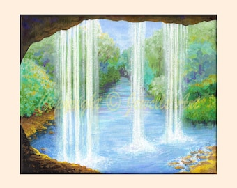 Through The Waterfall Print, From My Landscape Original Painting, Wall Art, Art & Collectibiles
