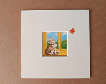 Miniature Kitten and Butterfly Painting, 5&quot;x 5&quot; Original Mounted Tiny Artwork