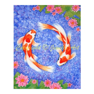 Feng Shui Art &#39;Koi For Love&#39; Print, from my original acrylic painting, Romance, Koi Fish Print, Giclée Print, Art & Collectibles