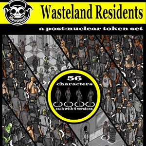 Può includere: Un set di 56 gettoni di personaggi in bianco e nero che rappresentano persone in un ambiente post-apocalittico di wasteland. Il testo "Wasteland Residents" e "a post-nuclear token set" è visualizzato nella parte superiore dell'immagine. Il testo "56 characters" e "each with 4 versions" è visualizzato in un cerchio giallo al centro dell'immagine.