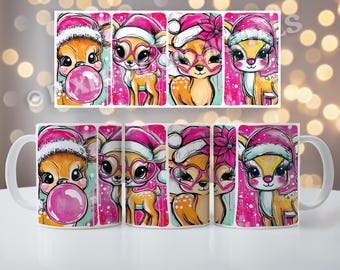 Pink Reindeer Mug Wrap PNG Preppy Girly Christmas Sublimation Design