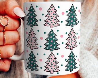 Pink Christmas Tree Mug Wrap PNG, 11 oz 15 oz Mug Sublimation Design, Preppy Christmas Coffee Mug