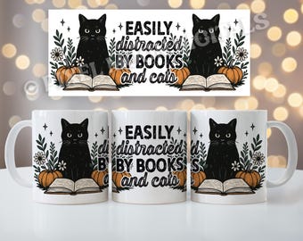 Halloween Mug Wrap Sublimation, Reading Book Lovers Png, Black Cat Coffee Cup Design