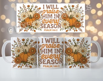 Fall Christian Mug Wrap PNG: Pumpkin Floral Bible Verse Design (Digital Download