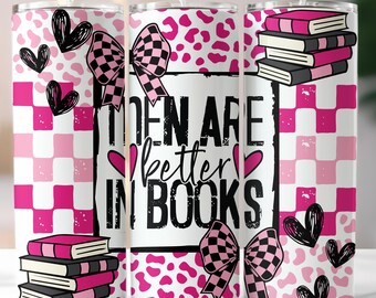 男は本が好き タンブラーラップ PNG Bookish 昇華 20オンス スキニータンブラー バレンタイン ピンク チェック柄 Booktok Bookish デジタルダウンロード