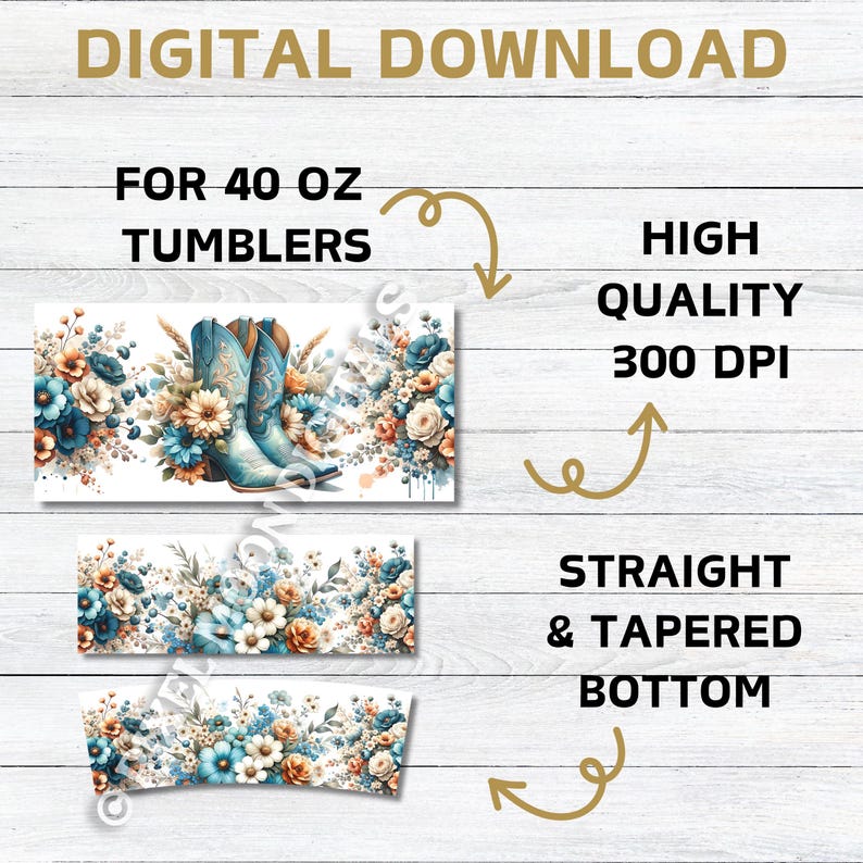 Cowgirl Boots Floral 40oz Tumbler Wrap: Western Sublimation Design ...