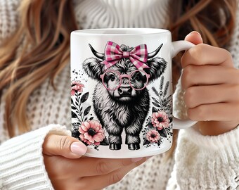 Pink Highland Cow Coffee Mug Sublimation Design (Digital Download)