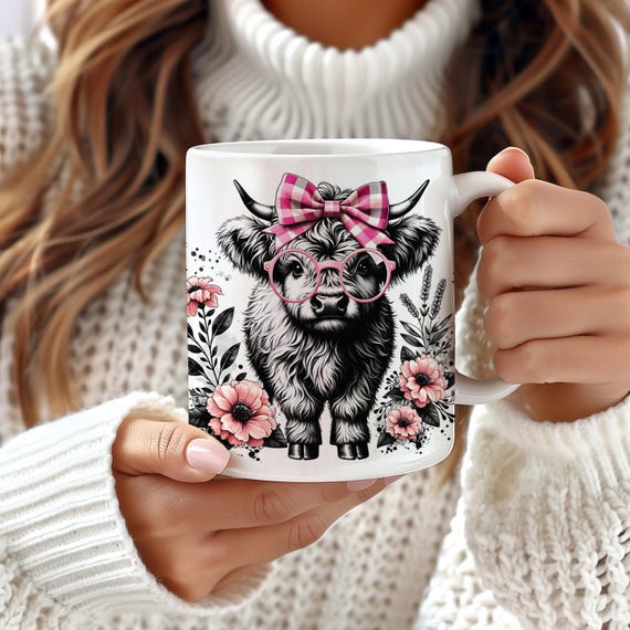 Pink Highland Cow Coffee Mug Sublimation Design (Digital Download)